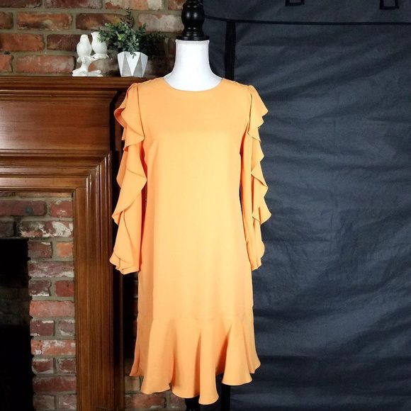 Vince Camuto Orange Cream Ruffle Long Sleeve Sheath Dress - Picture 2 of 9